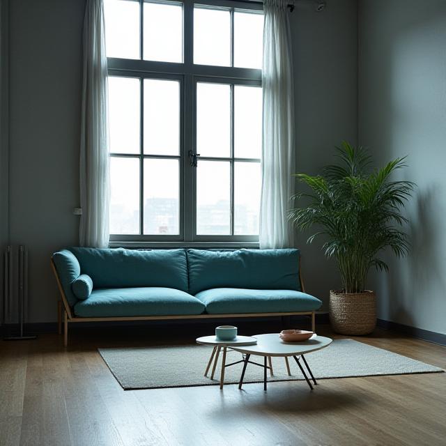 Minimalist apartment living room with sparse furniture